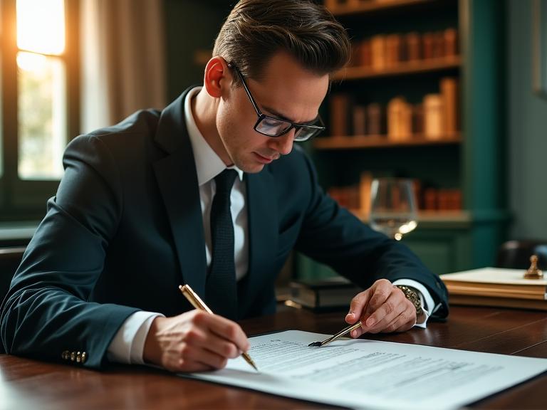 Un avocat travaillant sur des documents complexes avec une précision artisanale dans un bureau élégant à Paris